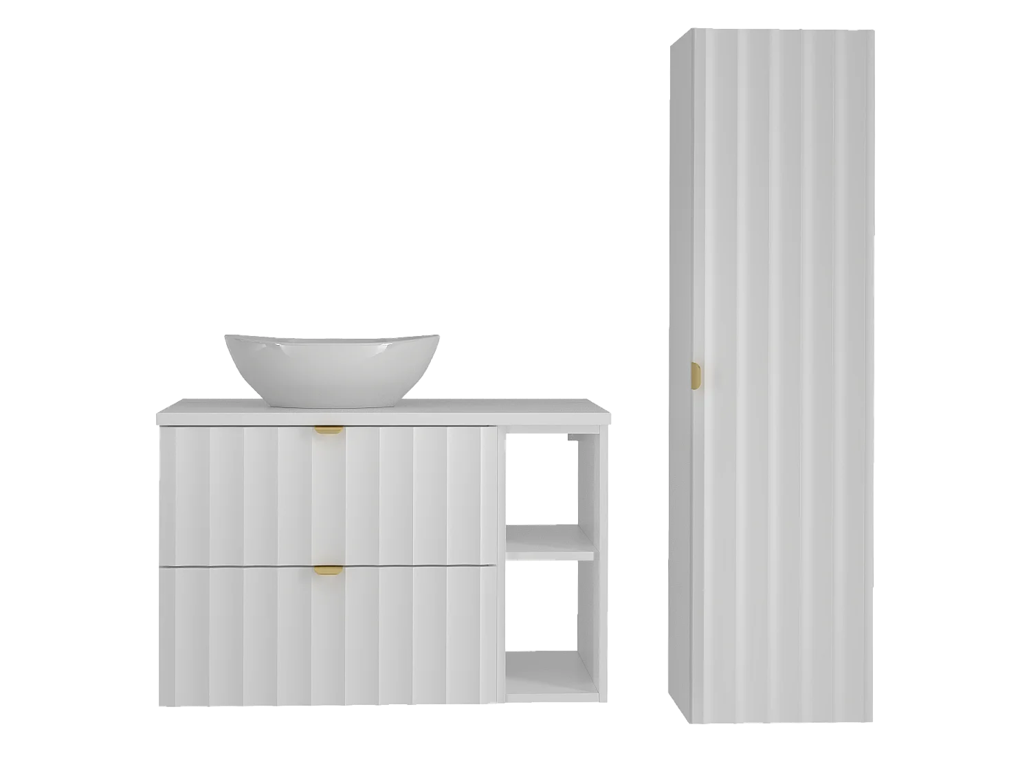 Ensemble de salle de bain blanc 80 cm Armoire avec plateau Étagère Lavabo Colonne Façades rainurées Arcos