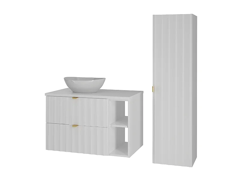 Ensemble de salle de bain blanc 80 cm Armoire avec plateau Étagère Lavabo Colonne Façades rainurées Arcos