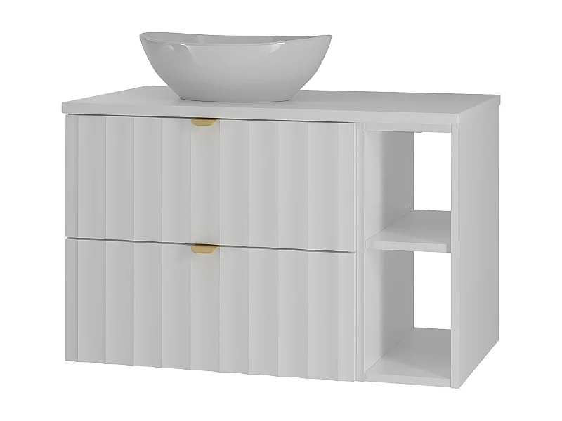 Weiß Badezimmer Set 80cm Schrank mit Arbeitsplatte und Waschbecken und Rack geriffelte Fronten Arcos