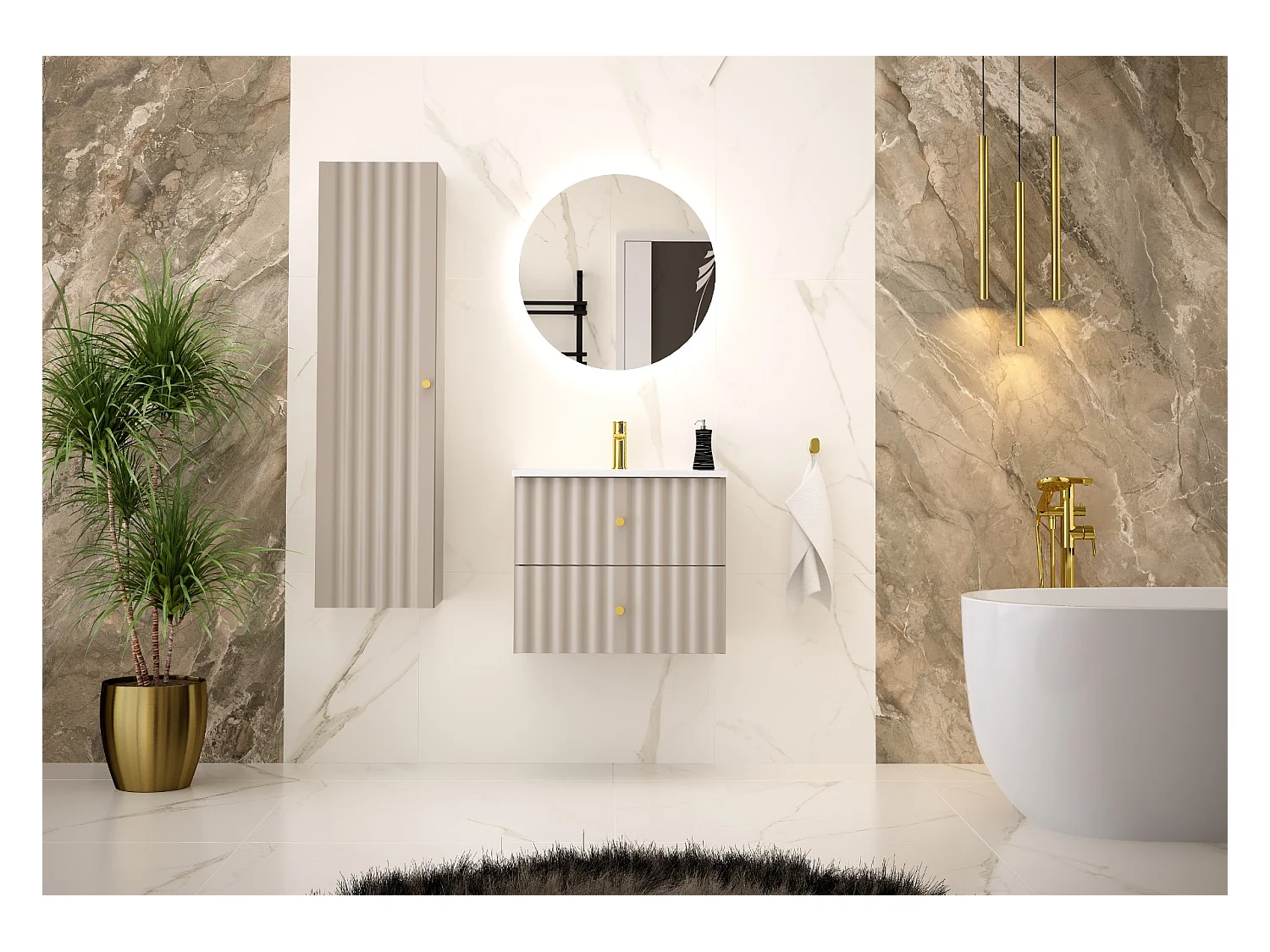 Ensemble de salle de bain en cachemire 60 cm Meuble avec lavabo Façades rainurées Aqua