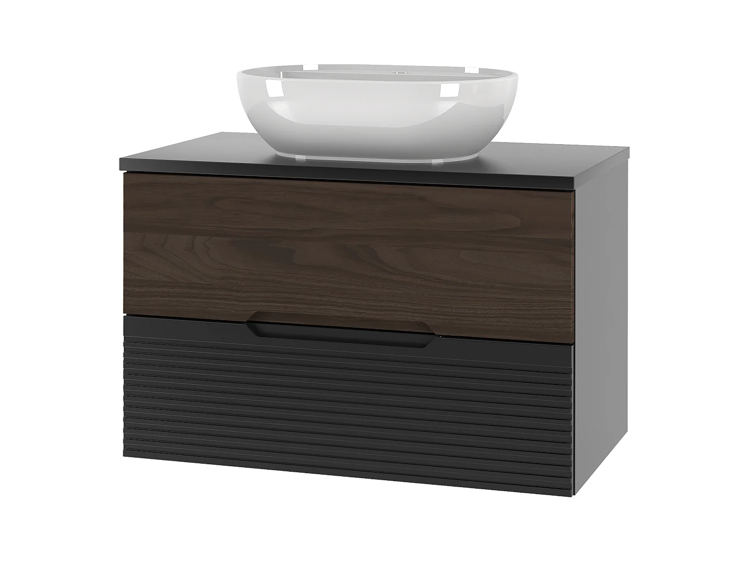 Ensemble de salle de bain 80 cm Meuble avec plan de travail Lavabo Noir mat / Noyer Avella