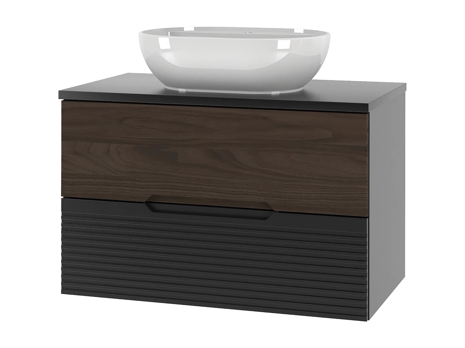Ensemble de salle de bain 80 cm Meuble avec plan de travail Lavabo Noir mat / Noyer Avella