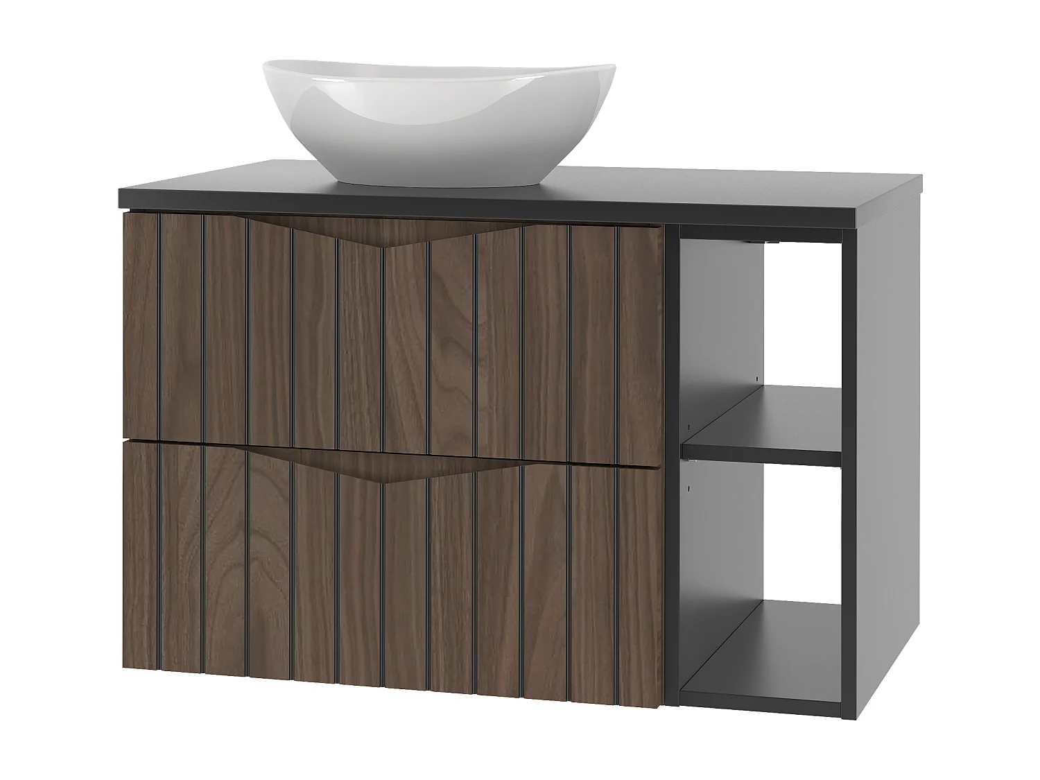 Ensemble de salle de bain 80 cm Armoire avec plan de travail Lavabo Étagère Façades rainurées Chêne Noyer Stella