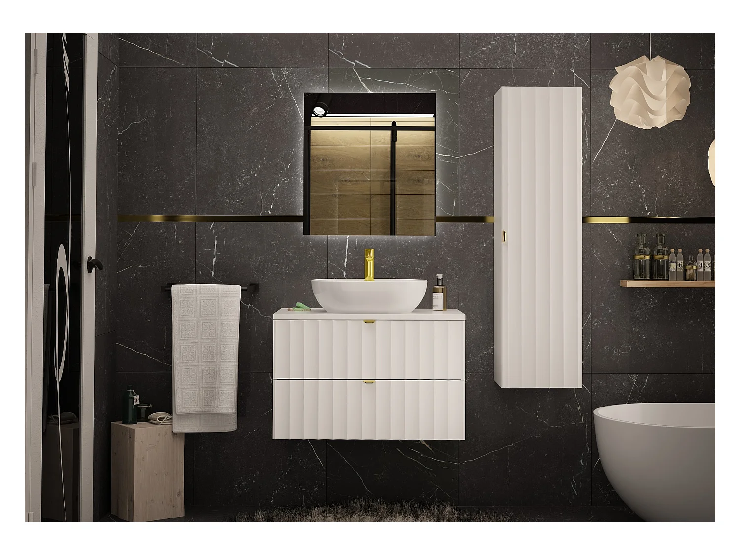 Ensemble de salle de bain blanc 80 cm Meuble avec plan de travail Lavabo Façades rainurées Arcos