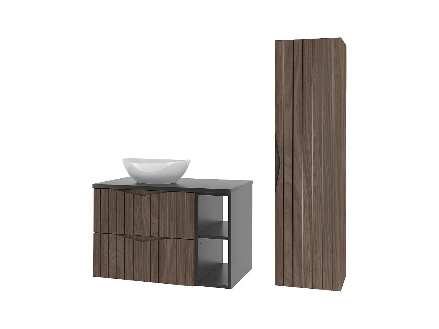 Ensemble de salle de bain 80 cm Armoire avec plan de travail Lavabo Étagère Colonne Façades rainurées Chêne Noyer Stella