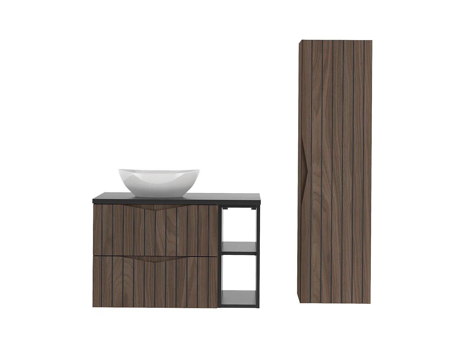 Ensemble de salle de bain 80 cm Armoire avec plan de travail Lavabo Étagère Colonne Façades rainurées Chêne Noyer Stella