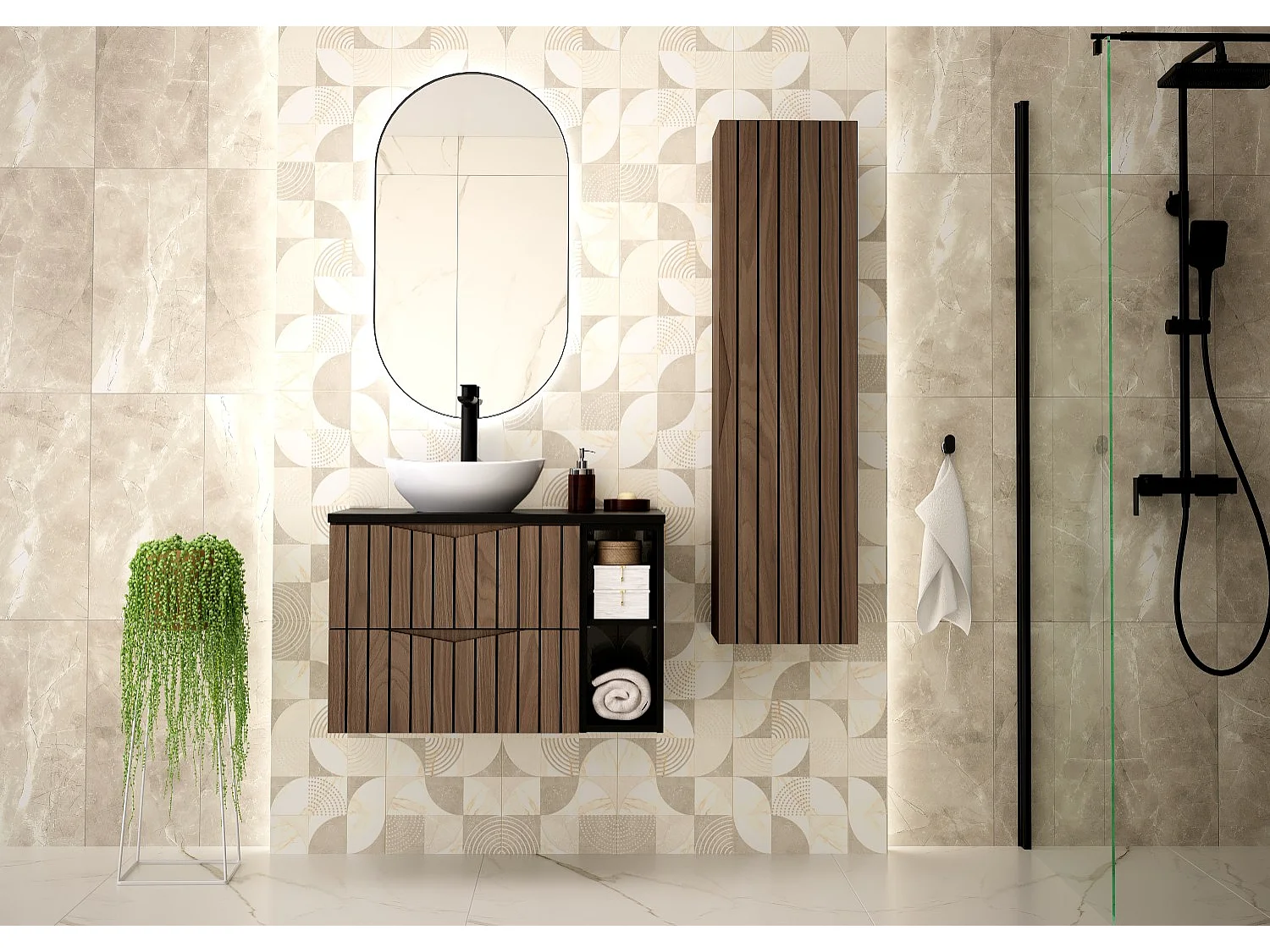 Ensemble de salle de bain 80 cm Armoire avec plan de travail Lavabo Étagère Colonne Façades rainurées Chêne Noyer Stella