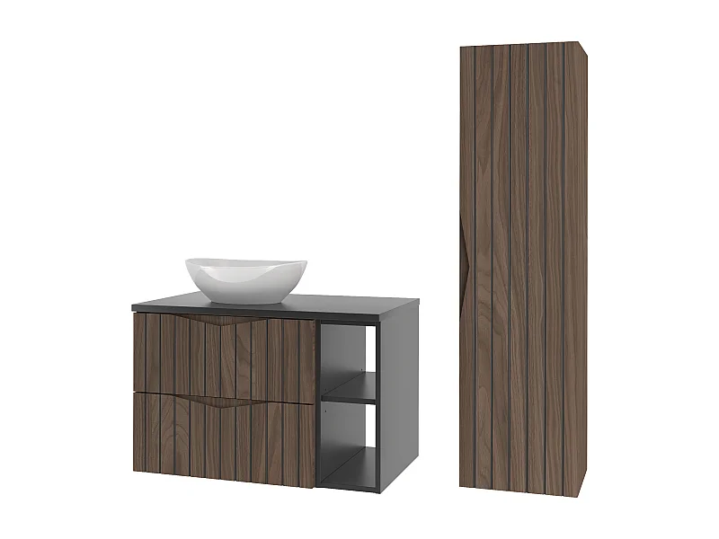 Badkamerset 80 cm Kast met blad Wastafel Rek Puntpoten Geribbelde fronten Eiken Noten Stella