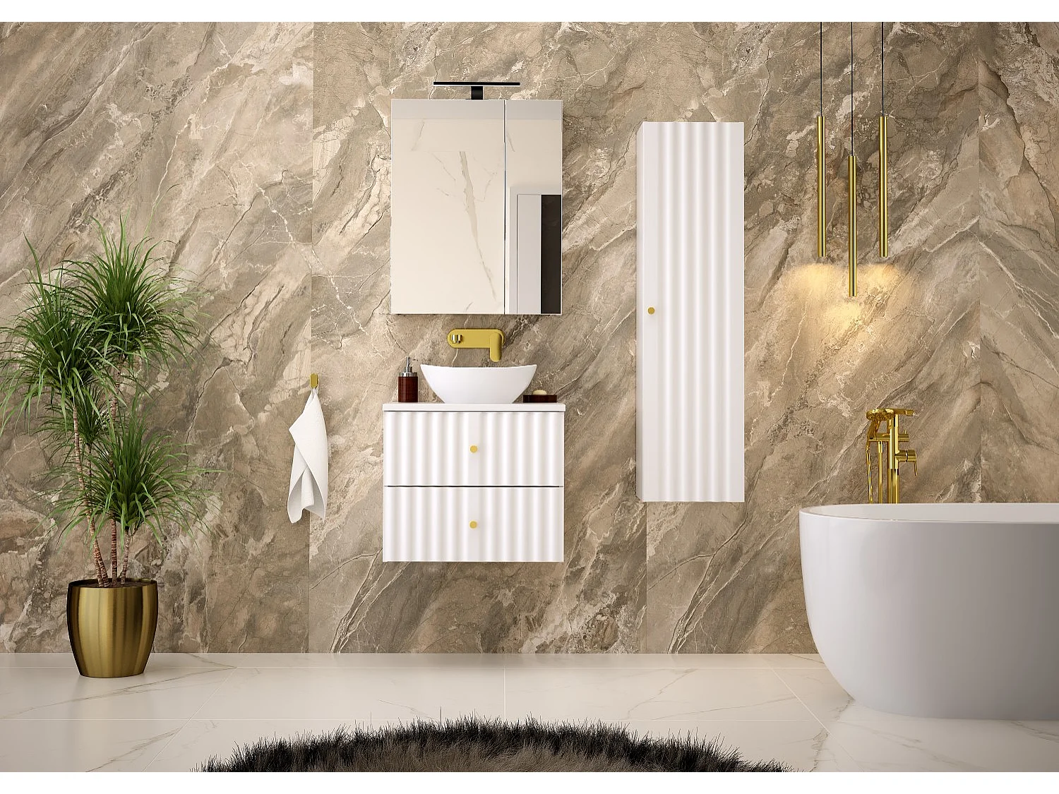 Ensemble de salle de bain blanc 60 cm Armoire avec plan de travail et lavabo Façades rainurées Aqua