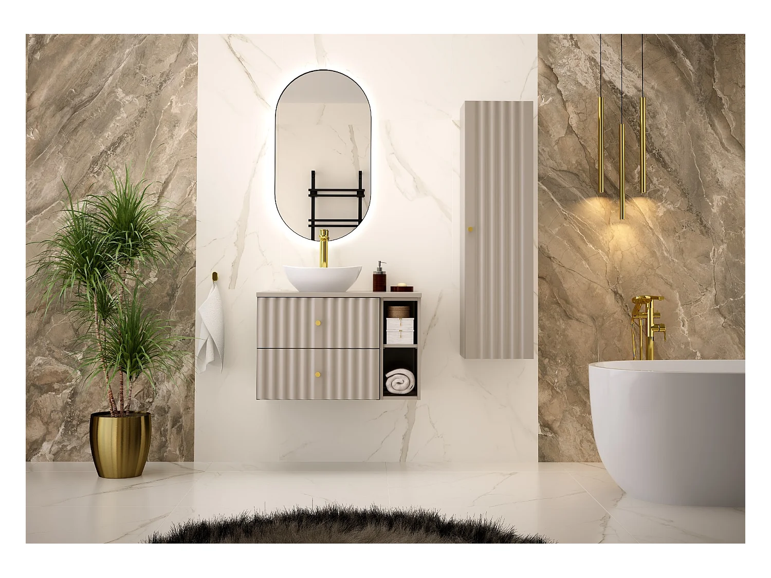 Armoire de salle de bain en cachemire Colonne haute Façades rainurées Aqua