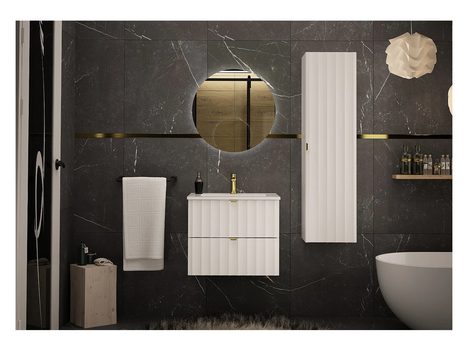Ensemble de salle de bain blanc 60 cm Meuble avec lavabo Façades rainurées Arcos