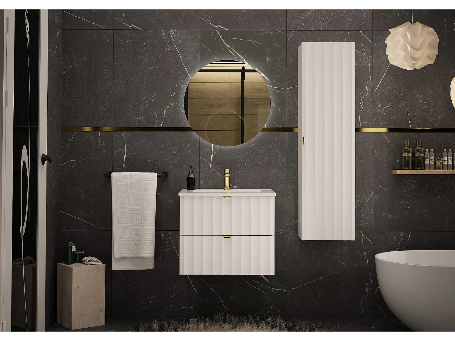 Ensemble de salle de bain blanc 60 cm Meuble avec lavabo Façades rainurées Arcos