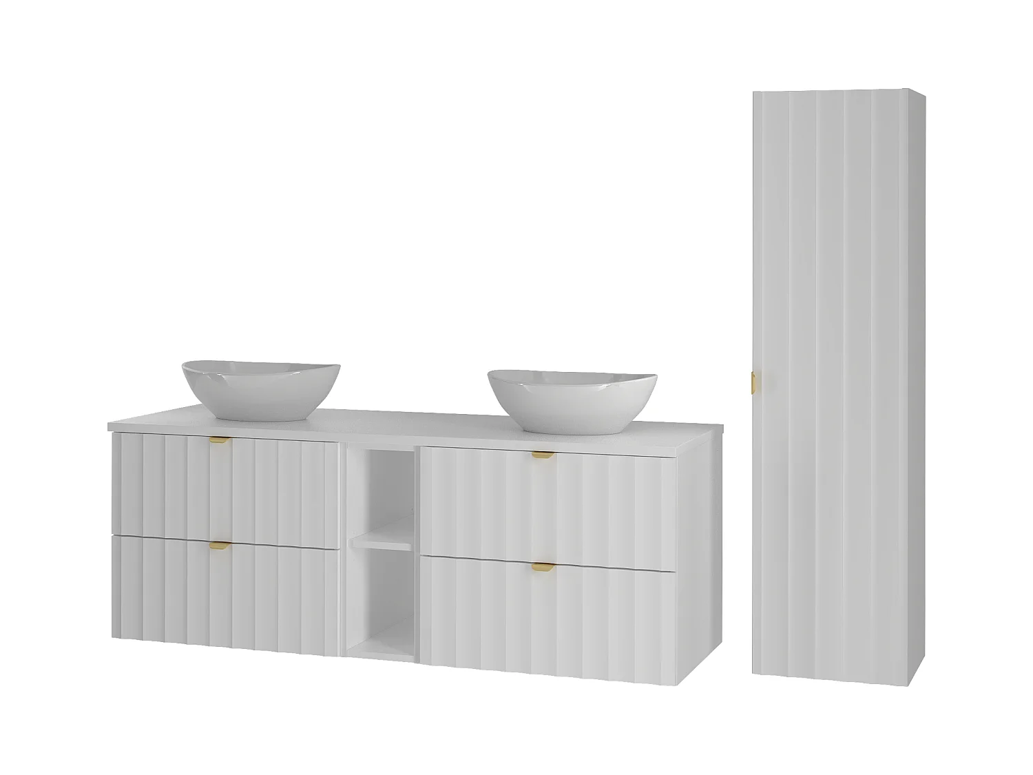 Ensemble de salle de bain blanc 140 cm Armoire avec plan de travail Étagère Lavabo Colonne Façades rainurées Arcos