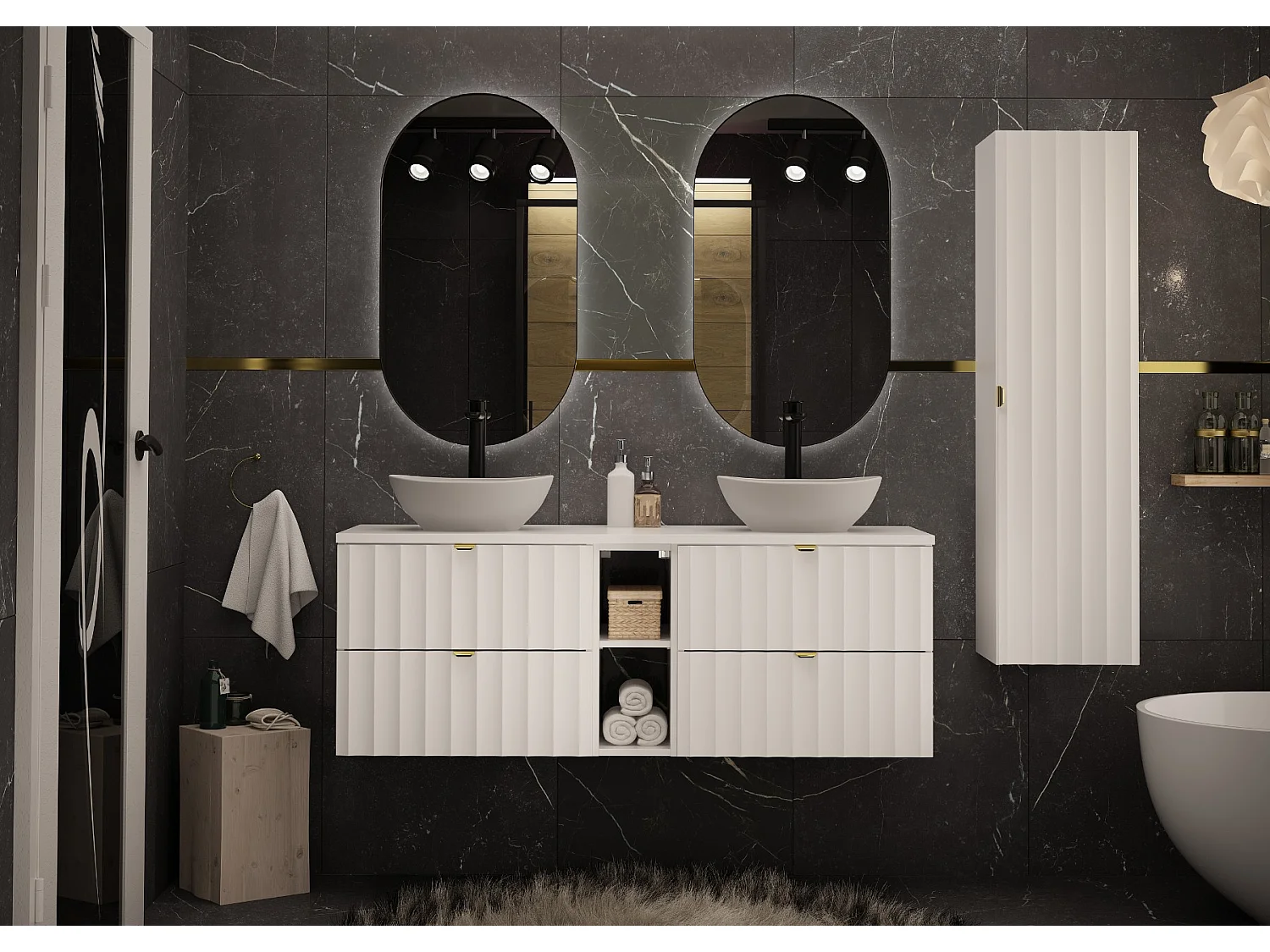 Ensemble de salle de bain blanc 140 cm Armoire avec plan de travail Étagère Lavabo Colonne Façades rainurées Arcos