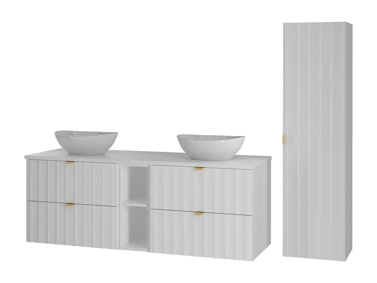 Witte badkamerset 140 cm Kast met blad Rek Wasbak Kolom Geribbelde fronten Arcos