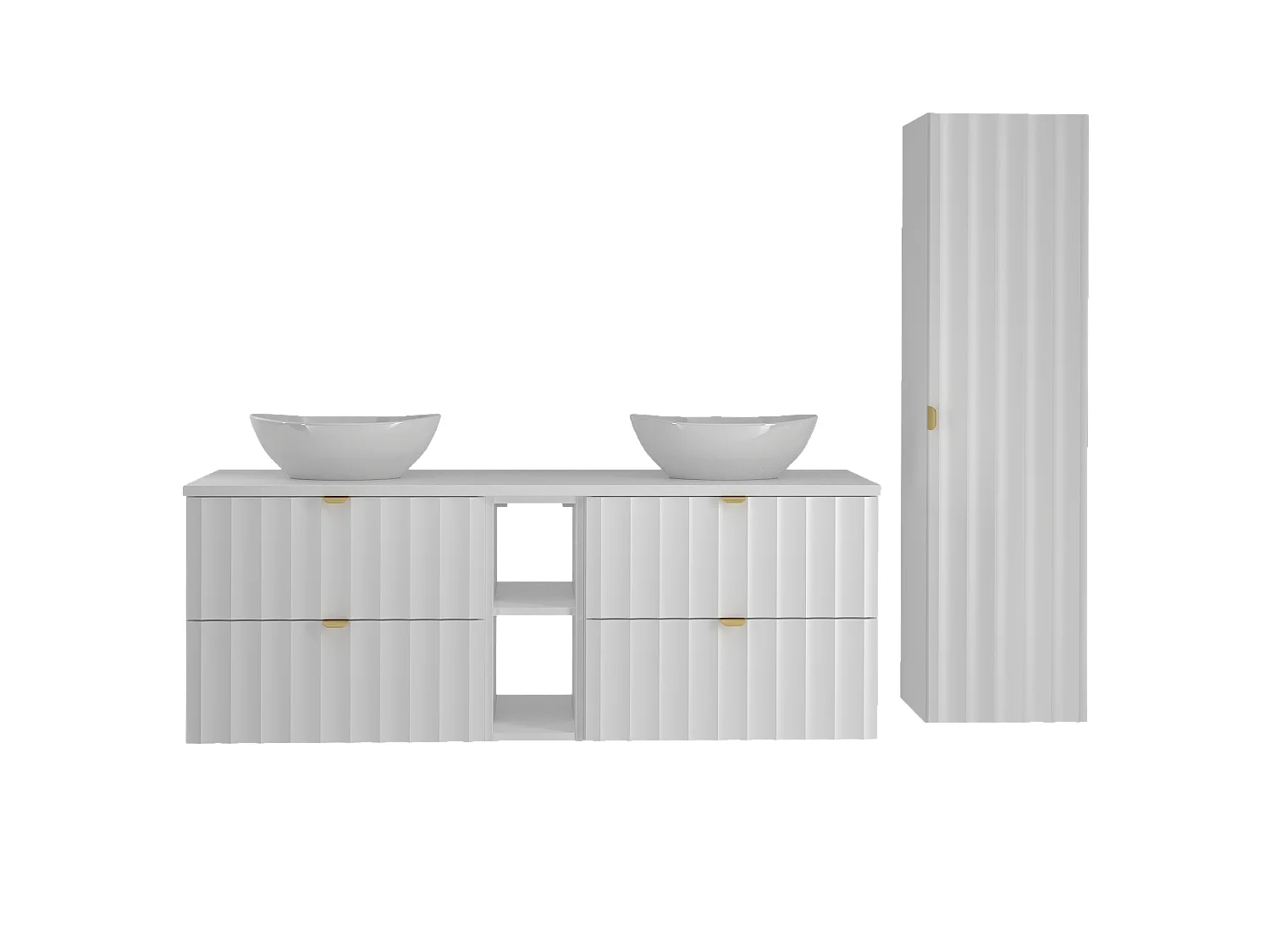 Witte badkamerset 140 cm Kast met blad Rek Wasbak Kolom Geribbelde fronten Arcos