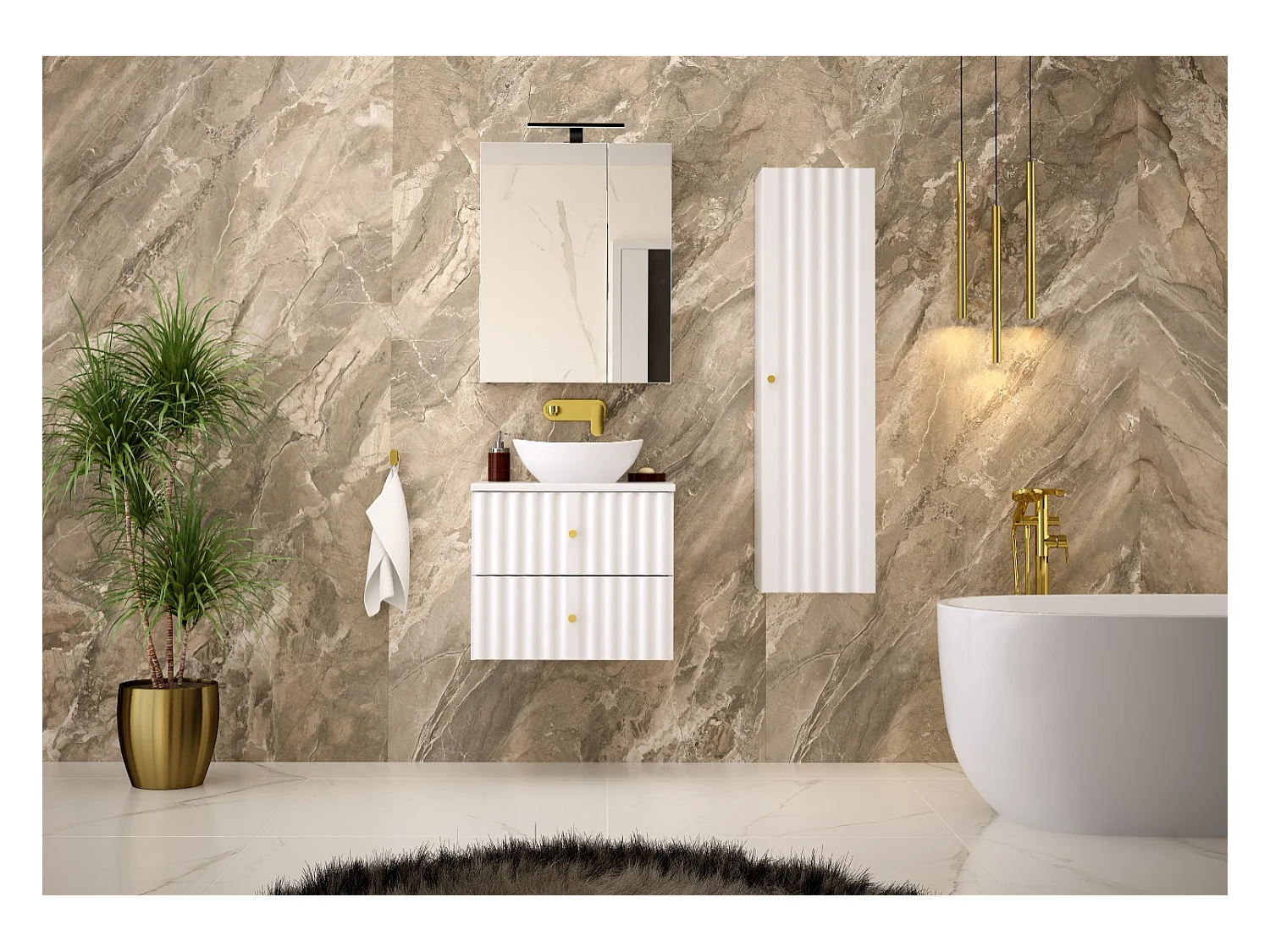 Ensemble de salle de bain blanc 60 cm Armoire avec plan de travail et lavabo Façades rainurées Aqua