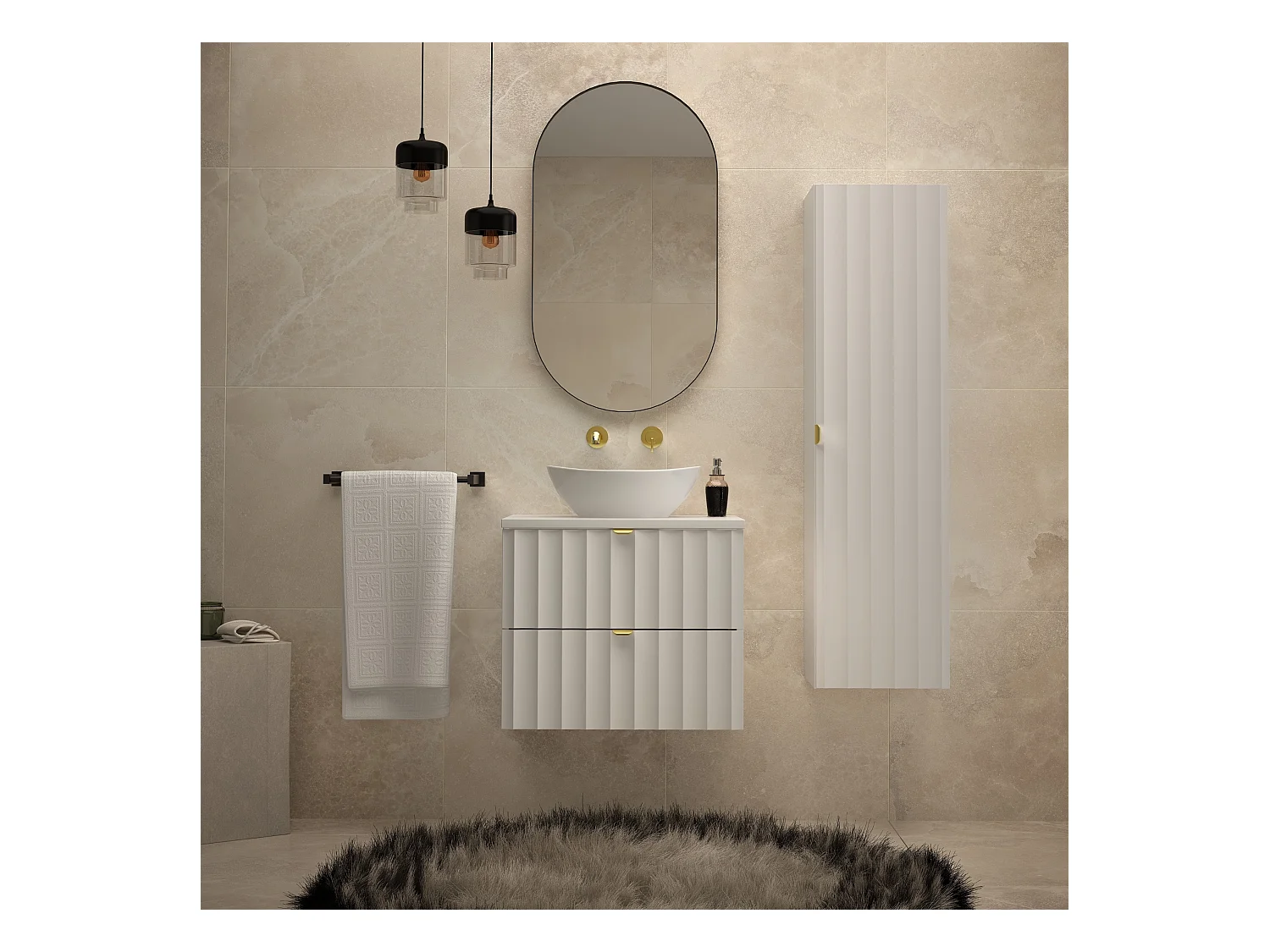 Ensemble de salle de bain blanc 60 cm Meuble avec plan de travail Lavabo Façades rainurées Arcos