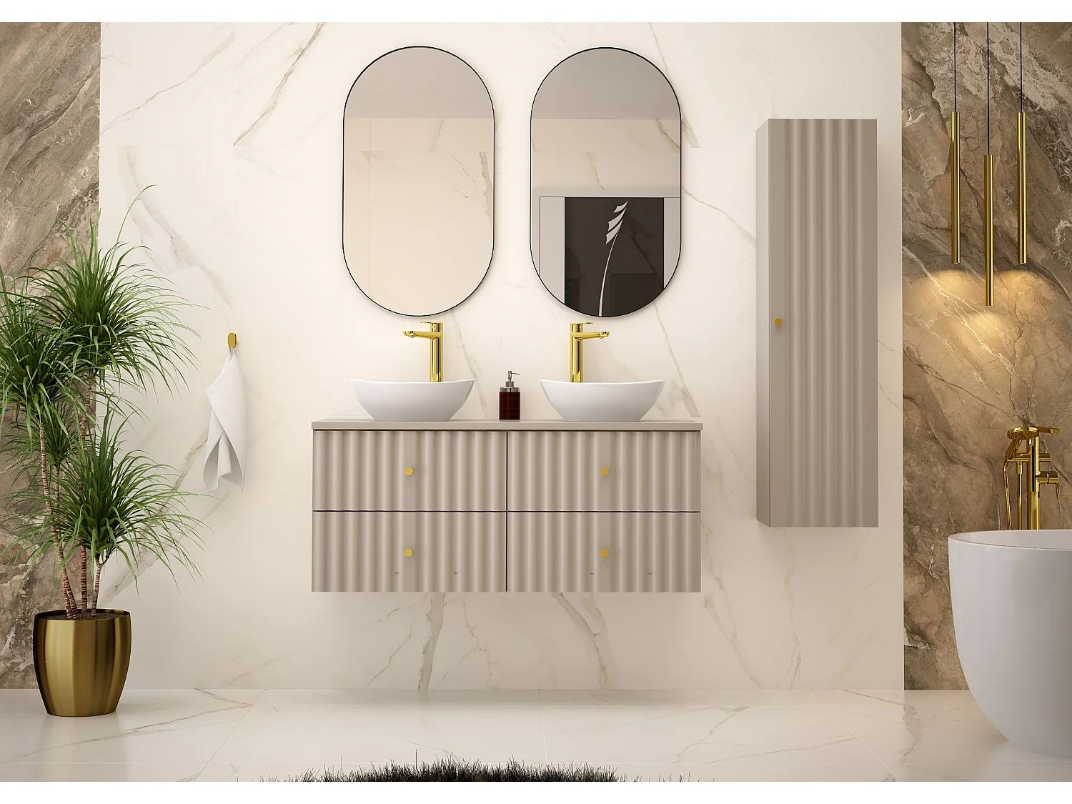 Ensemble de salle de bain en cachemire 120 cm Armoire avec plateau Façade rainurée Aqua