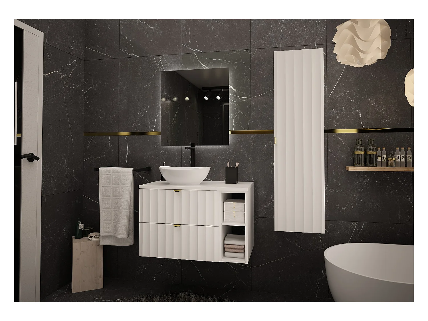 Ensemble de salle de bain blanc 80 cm Armoire avec plateau Étagère Façades rainurées Arcos