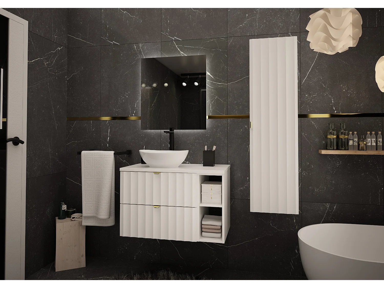 Ensemble de salle de bain blanc 80 cm Armoire avec plateau Étagère Façades rainurées Arcos