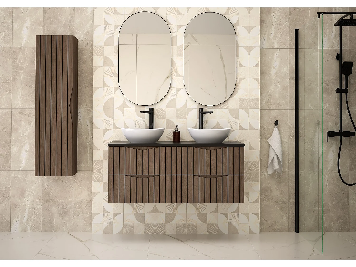 Armario de baño para lavabo 60 cm, 2 cajones, frentes ranurados, roble nogal Stella