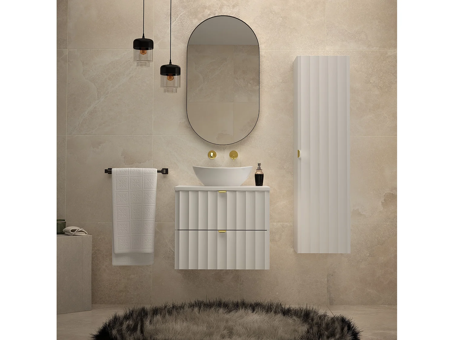 Ensemble de salle de bain blanc 60 cm Armoire avec plateau Façades rainurées Arcos