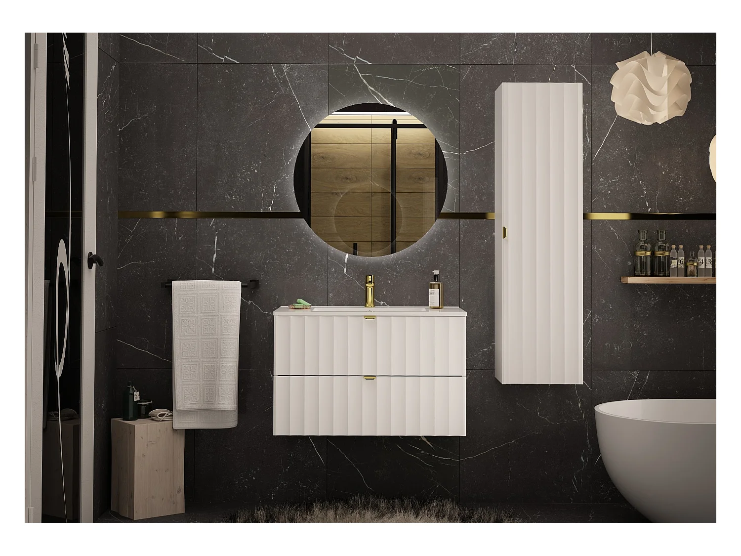 Biała Szafka Łazienkowa pod Umywalkę 80cm Ryflowane Fronty Arcos