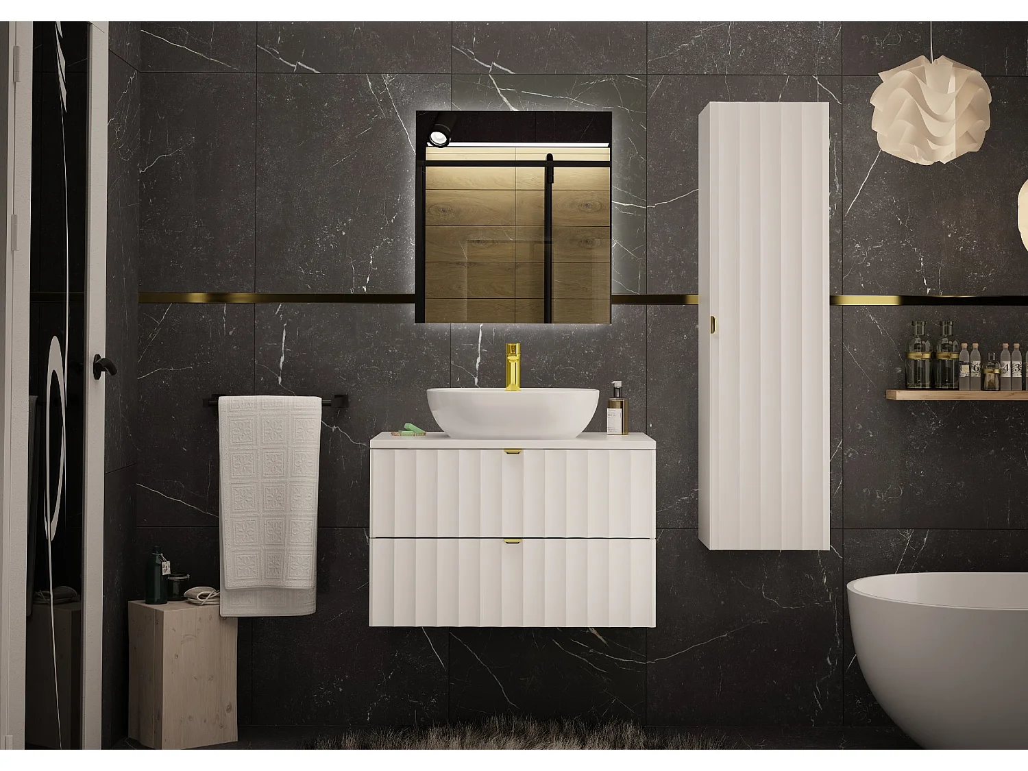 Armoire de salle de bain blanche sous lavabo 80 cm Façades rainurées Arcos