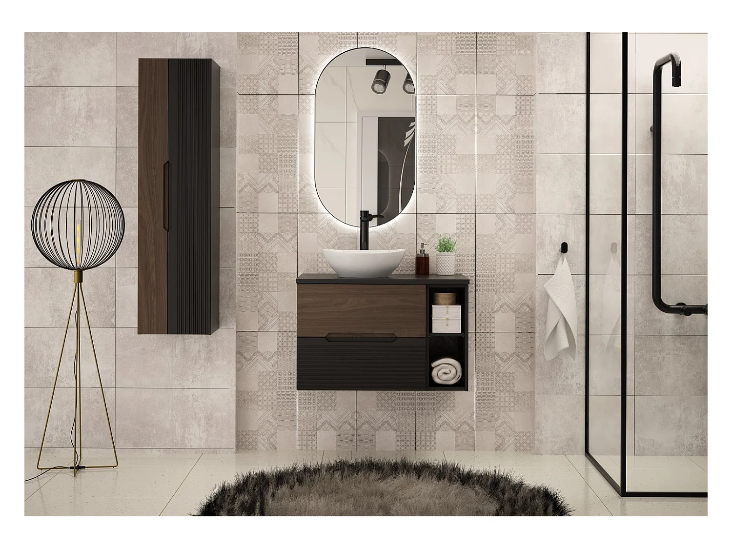 Ensemble de salle de bain 80 cm Armoire avec plateau Étagère Noir mat / Noyer Avella