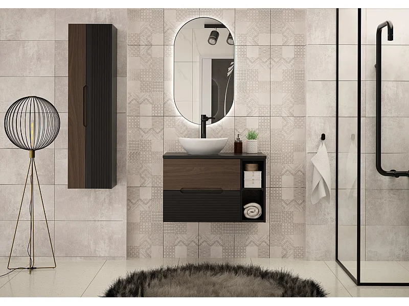 Ensemble de salle de bain 80 cm Armoire avec plateau Étagère Noir mat / Noyer Avella