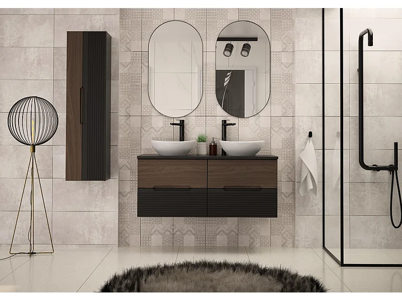 Ensemble de salle de bain 120 cm Armoire avec plateau Noir mat / Noyer Avella