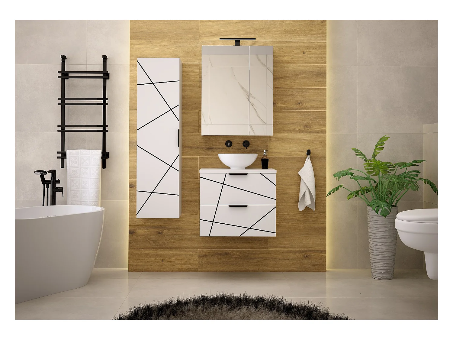 Badezimmer-Set 60 cm Schrank mit Waschtisch Weiß Matt Wood