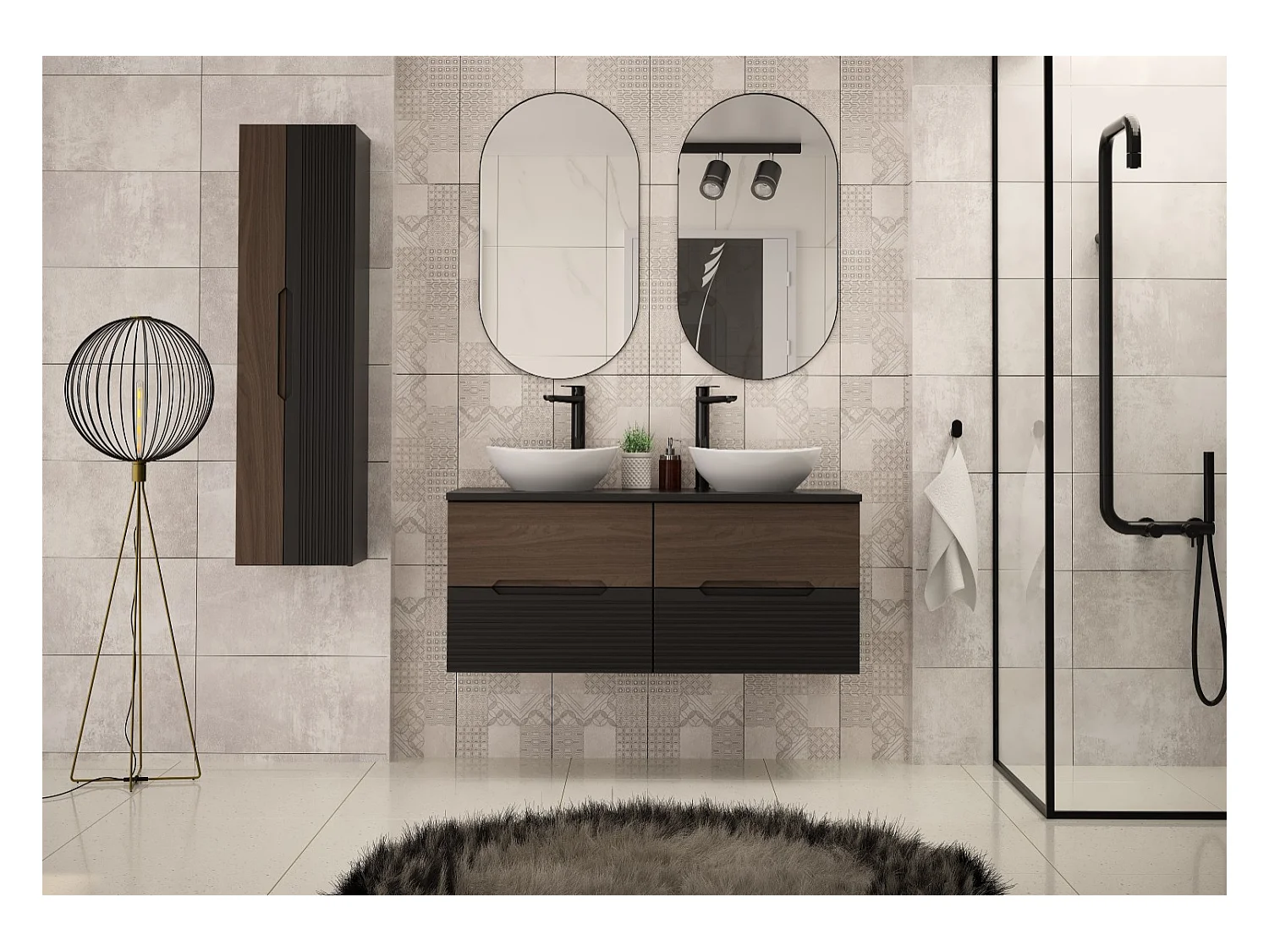Armoire de salle de bain sous lavabo 60 cm Noir mat / Noyer Avella