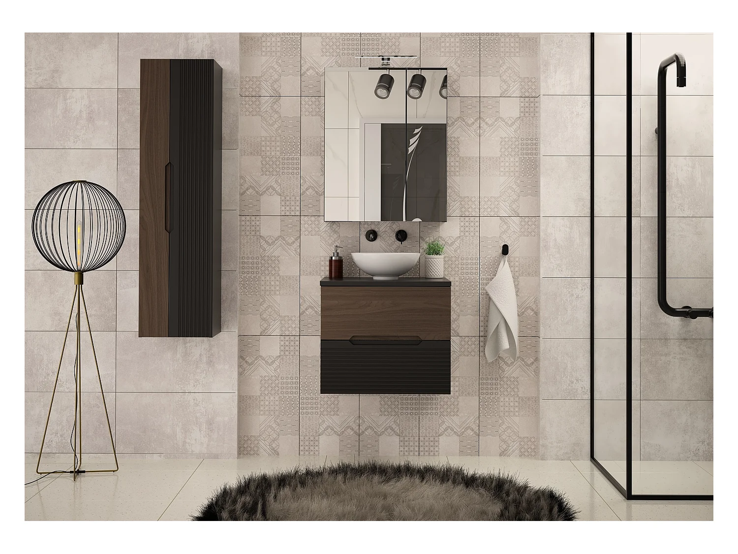 Armoire de salle de bain sous lavabo 60 cm Noir mat / Noyer Avella