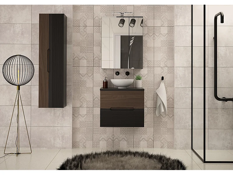 Badezimmerschrank unter Waschbecken 60 cm Schwarz Matt / Nussbaum Avella