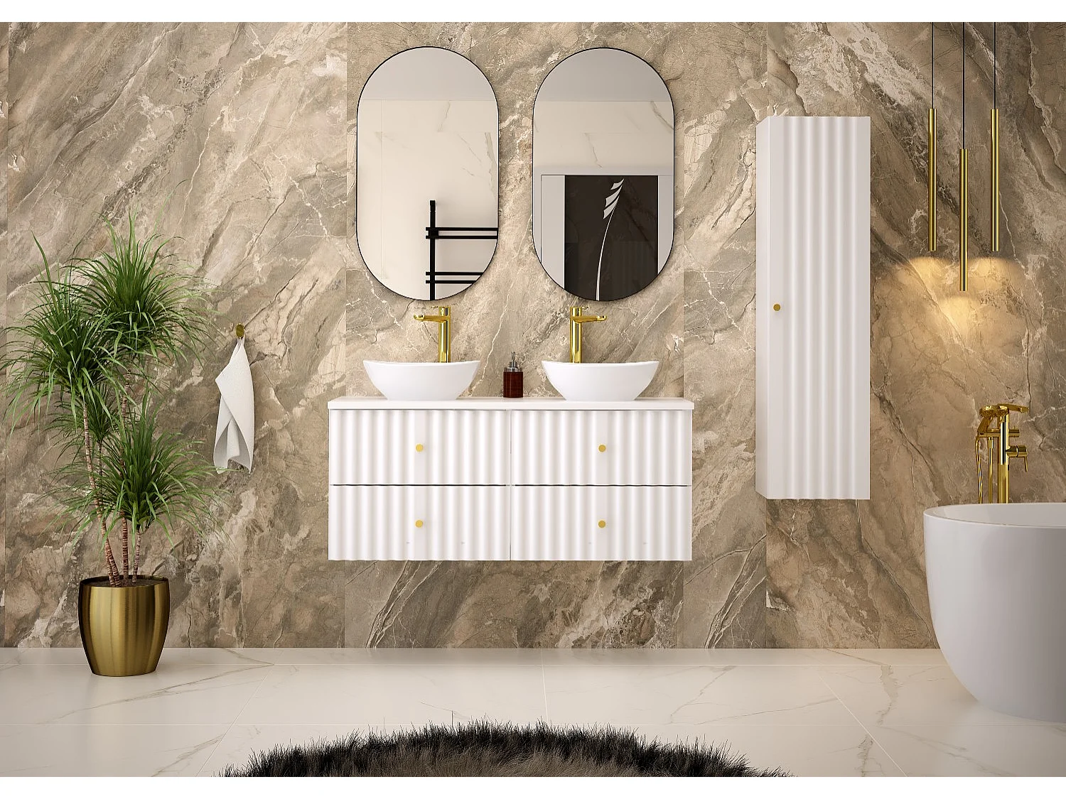 Ensemble de salle de bain blanc 120 cm Armoire avec plateau Façades rainurées Aqua