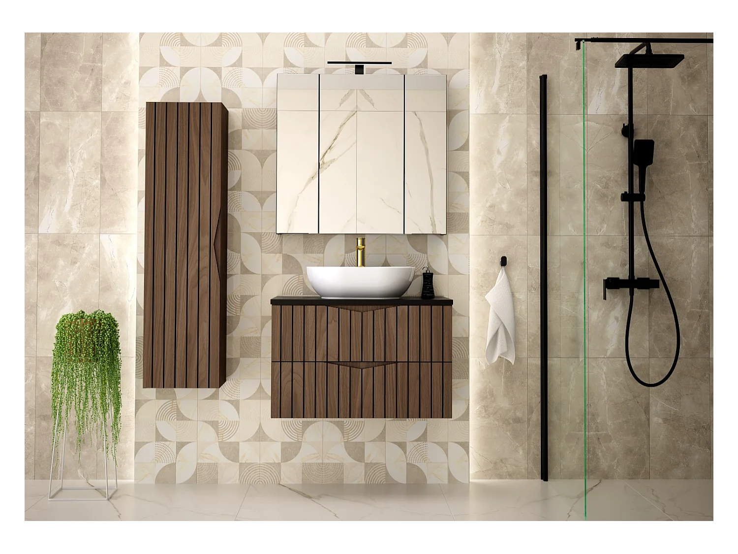 Armoire de salle de bain sous lavabo 80 cm 2 tiroirs façades rainurées chêne noyer Stella