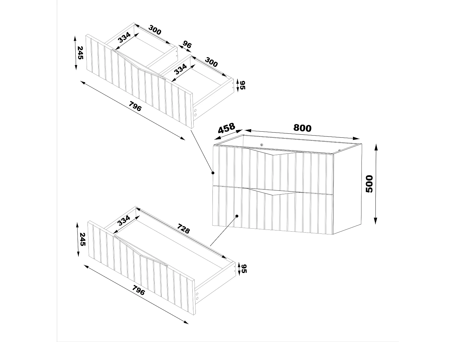 Badezimmerschrank unter Waschbecken 80 cm 2 Schubladen Geriffelte Fronten Eiche Nussbaum Stella