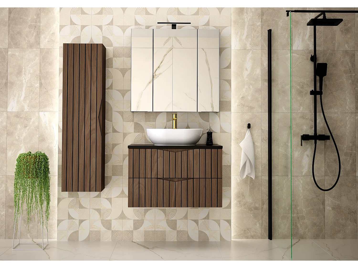 Armario de baño para lavabo 80 cm, 2 cajones, frentes ranurados, roble nogal Stella