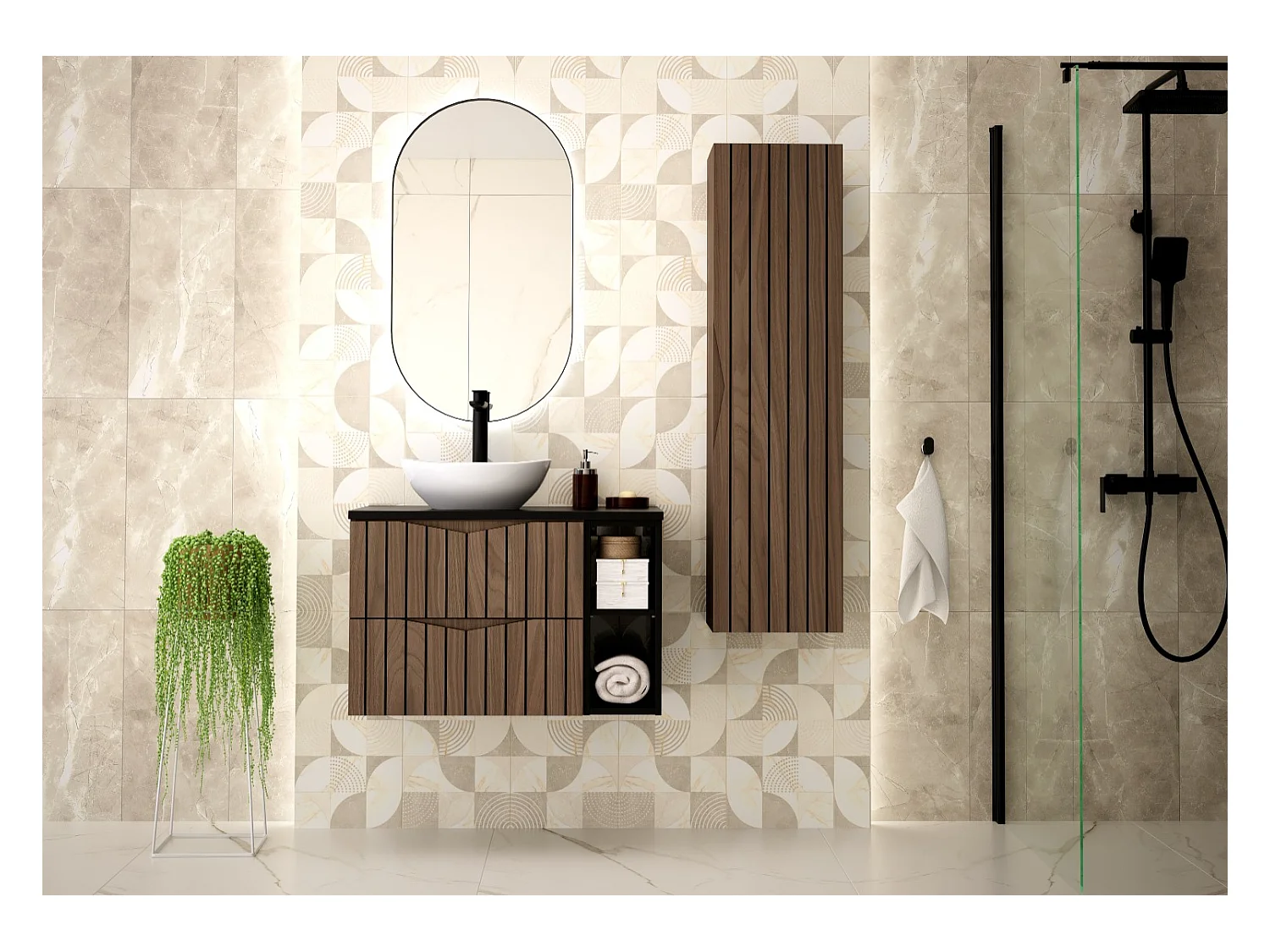 Ensemble de salle de bain 80 cm Armoire avec plateau Étagère Façades rainurées Chêne Noyer Stella