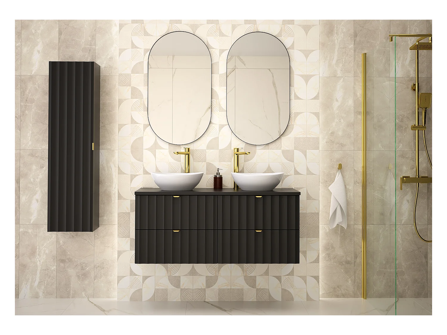 Ensemble de salle de bain noir 120 cm Armoire avec plateau Façades rainurées Arcos