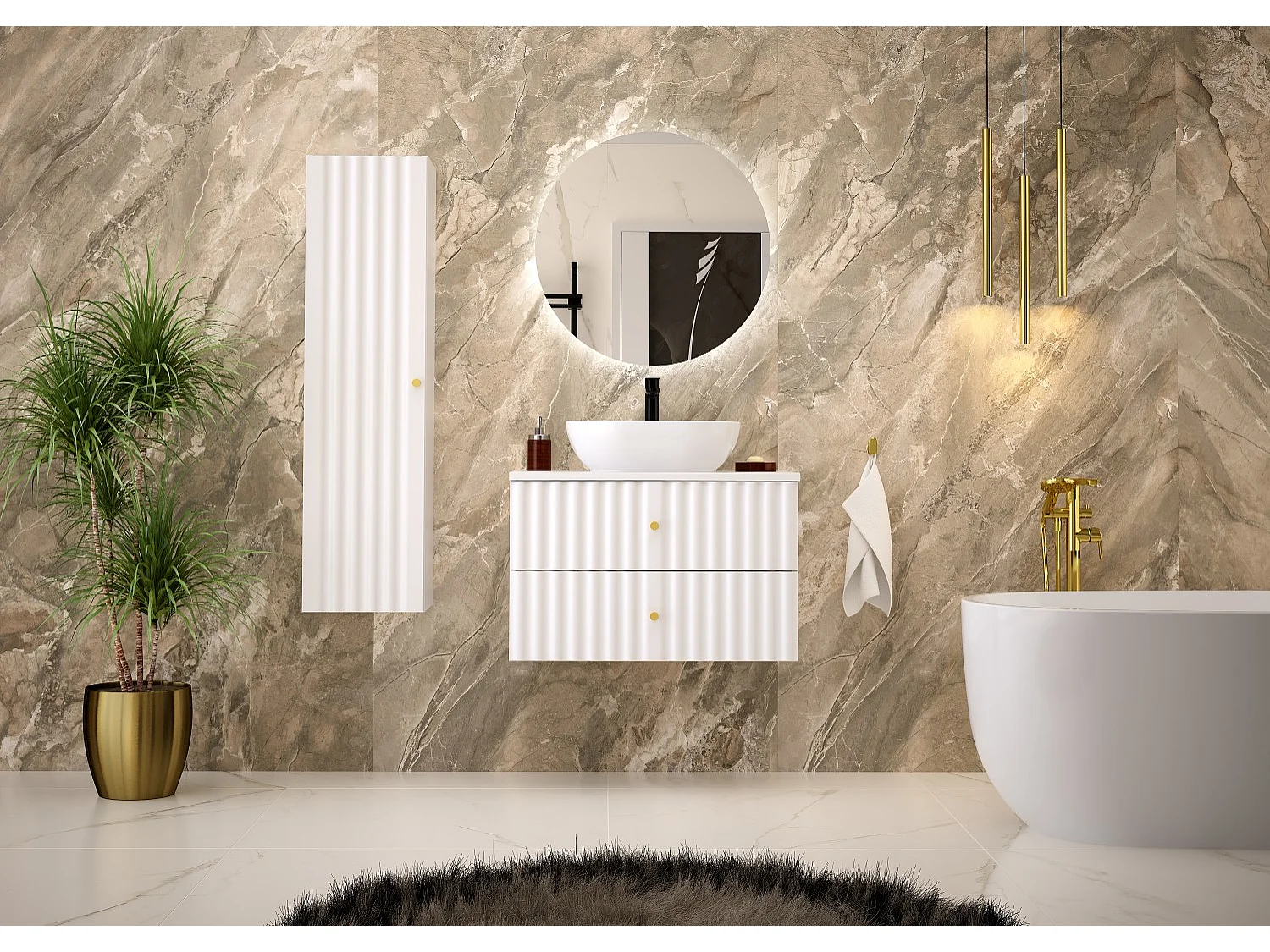 Witte badkamer kast voor wastafel 80 cm Geribbelde fronten Aqua