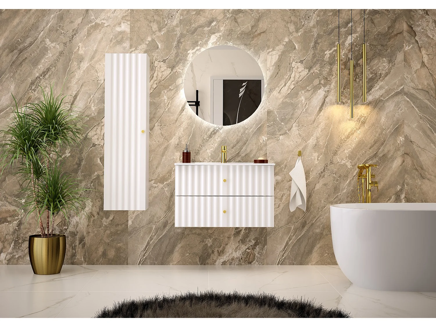 Witte badkamer kast voor wastafel 80 cm Geribbelde fronten Aqua