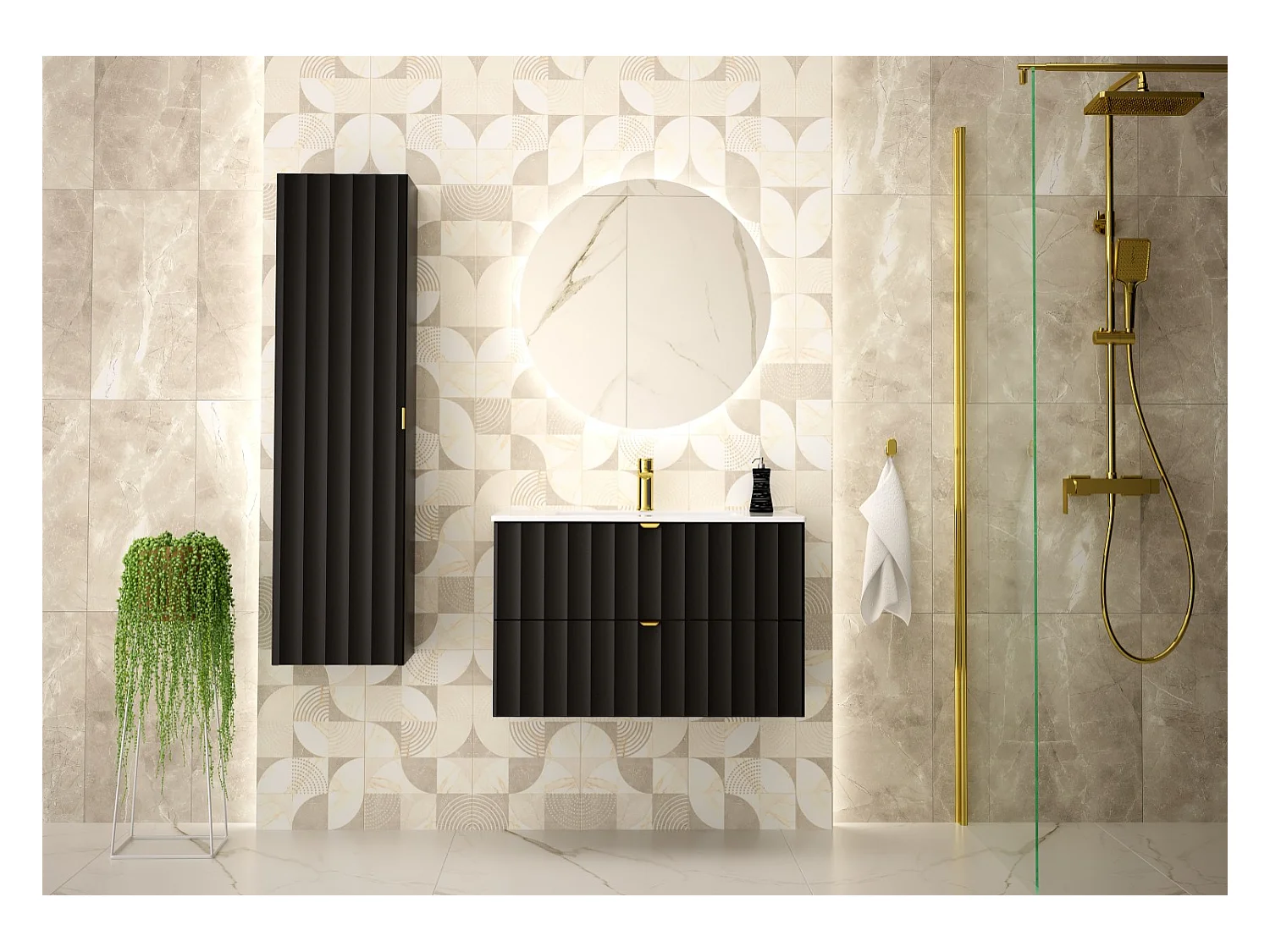 Armoire de salle de bain noire sous lavabo 80 cm Façades rainurées Arcos