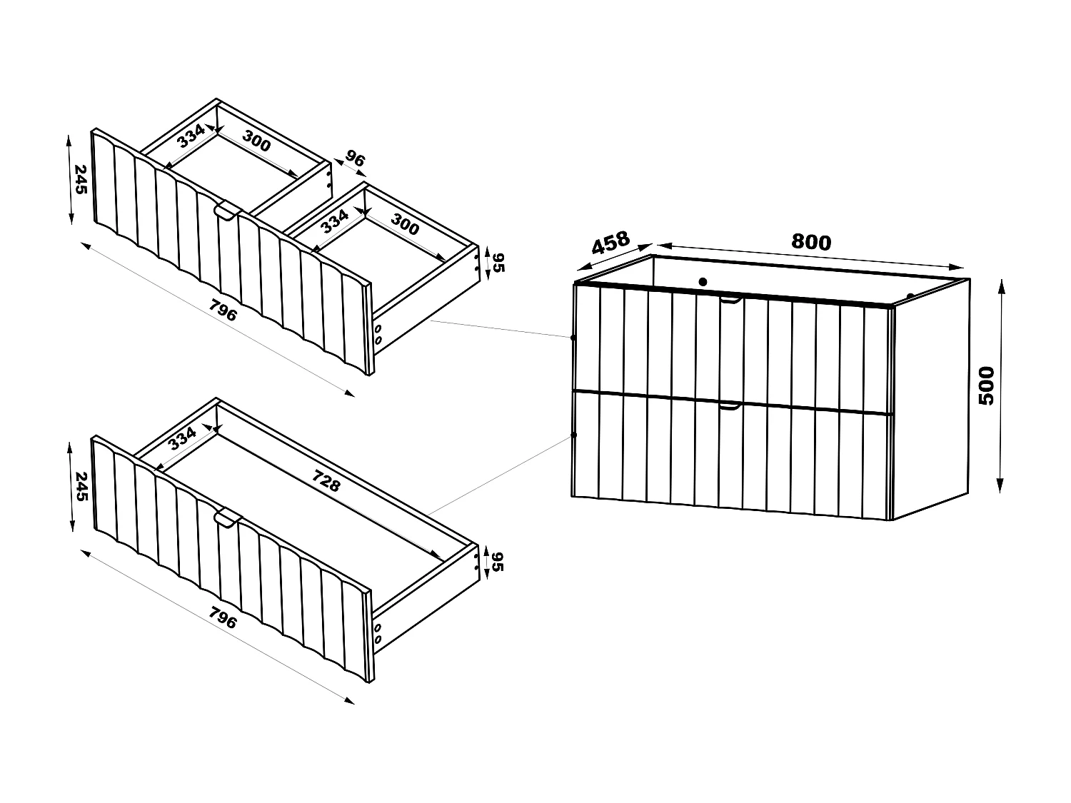 Zwarte badkamerkast voor wastafel 80 cm, geribbelde fronten Arcos