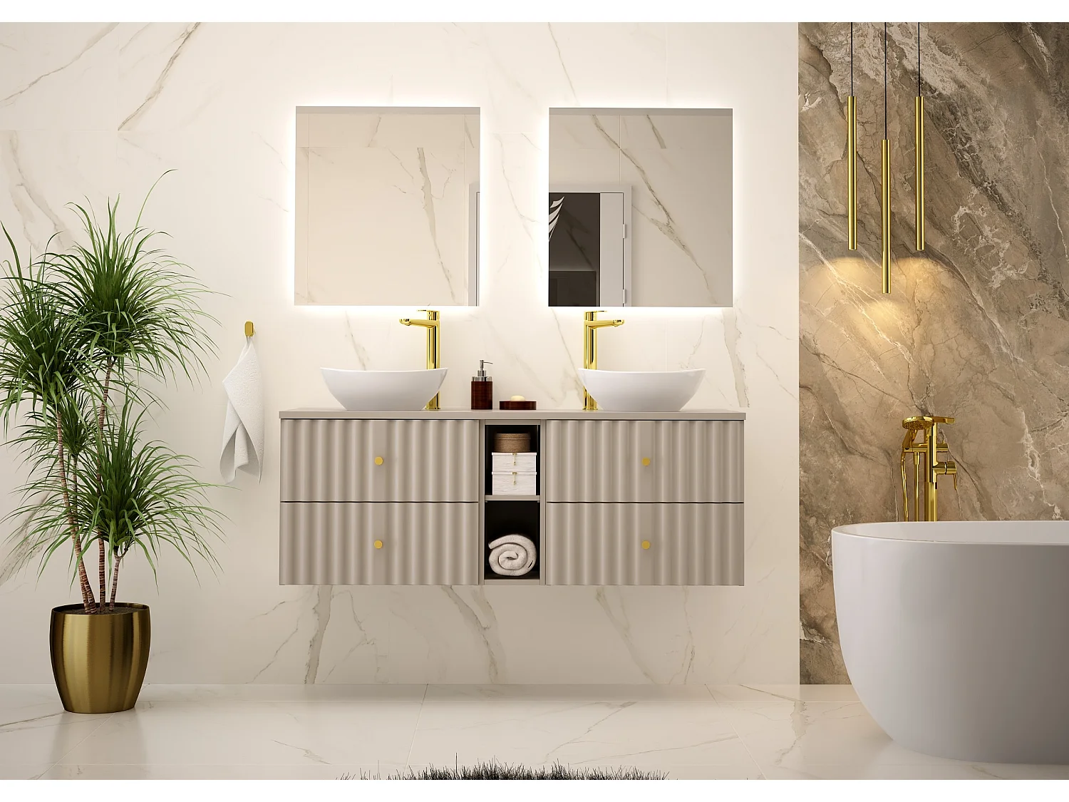 Ensemble de salle de bain en cachemire 140 cm Armoire avec plateau et étagère Façades rainurées Aqua