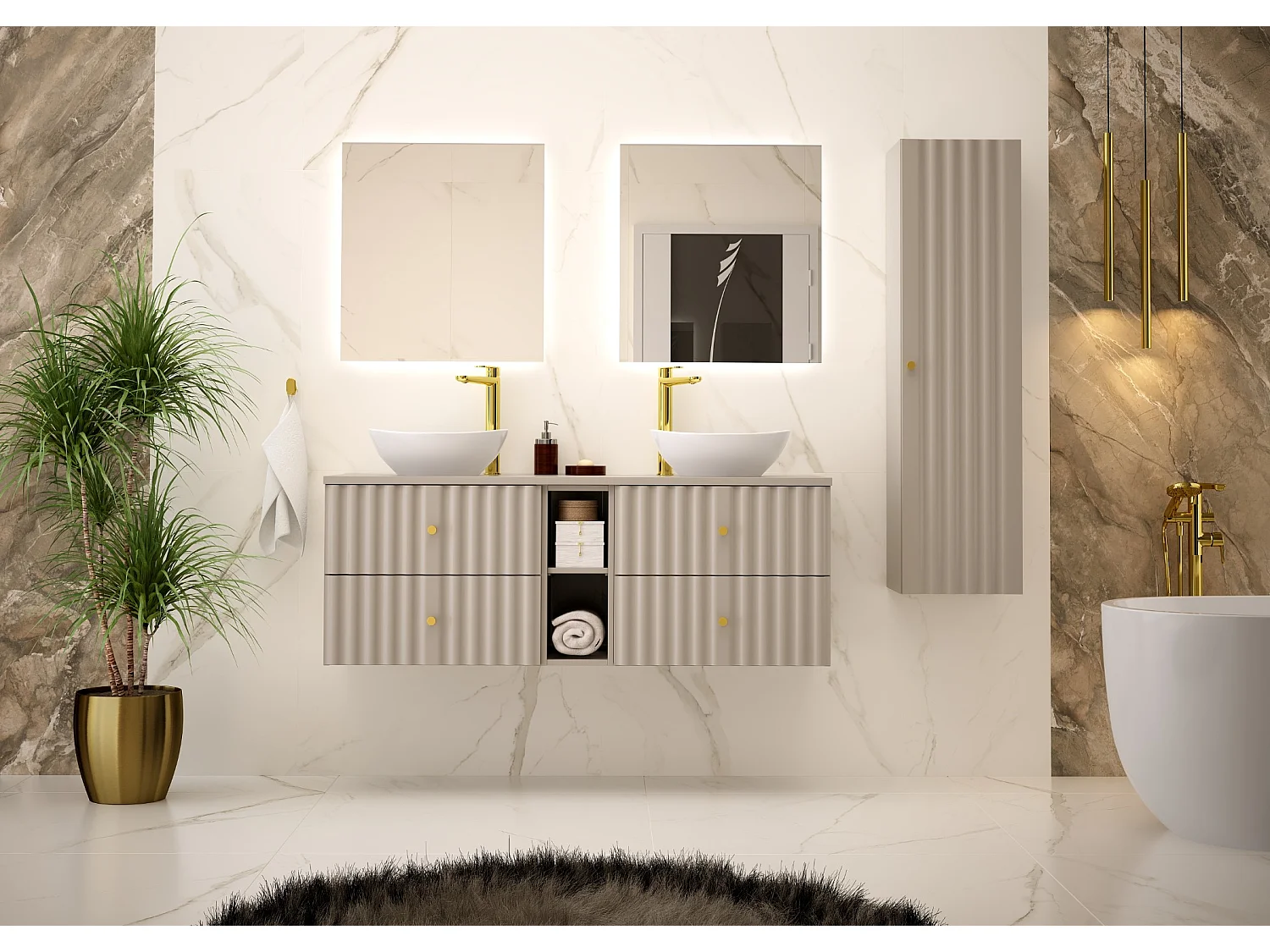 Ensemble de salle de bain en cachemire 140 cm Armoire avec plateau et étagère Façades rainurées Aqua