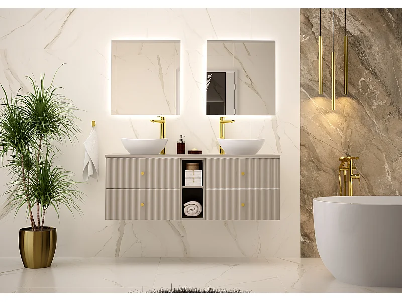 Ensemble de salle de bain en cachemire 140 cm Armoire avec plateau et étagère Façades rainurées Aqua