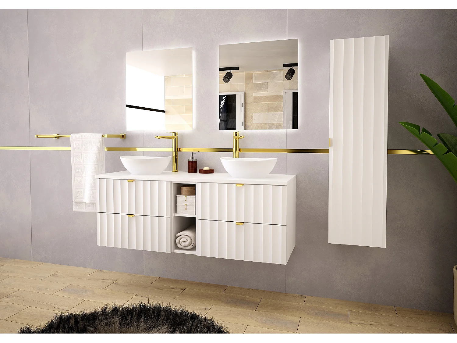 Ensemble de salle de bain blanc 140 cm Armoire avec plateau Étagère Façades rainurées Arcos